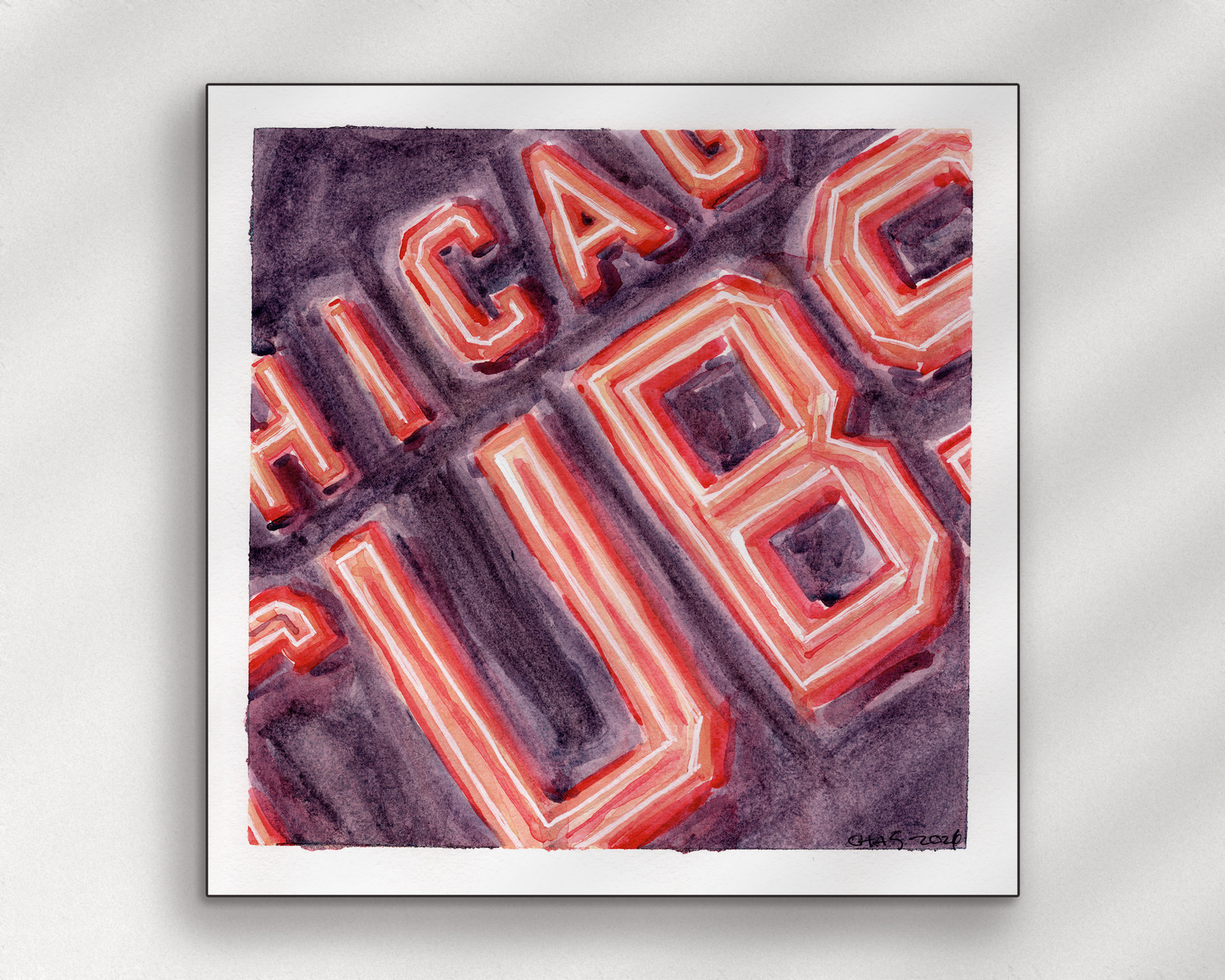 Chicago Neon Baseball Sign - Handpainted Watercolor Painting