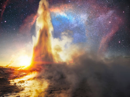 Abstract representation of market volatility: dramatic geyser eruption with golden steam shooting into starlit sky, symbolising the unpredictable and explosive nature of financial market turbulence that active fund managers struggle to navigate