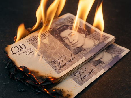 Photo of British £20 banknotes burning in flames symbolising wealth destruction and financial loss