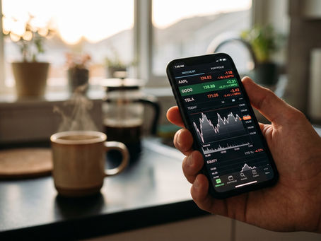 A man checking his investment portfolio on his phone over morning coffee