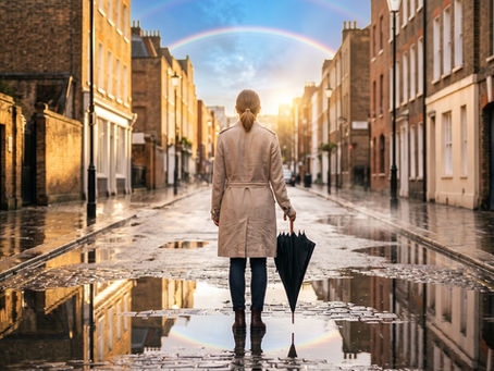 Woman carrying an umbrella walking down a flooded London street, illustrating how portfolio insurance may fail during slow market drawdowns