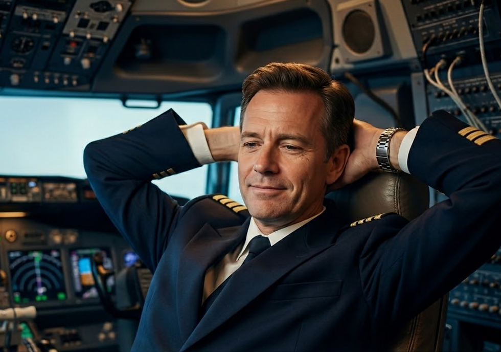 A relaxed airline pilot leans back in the cockpit with hands behind his head, looking smugly content — representing how fund manager AI systems often operate on autopilot rather than actively managing investor portfolios