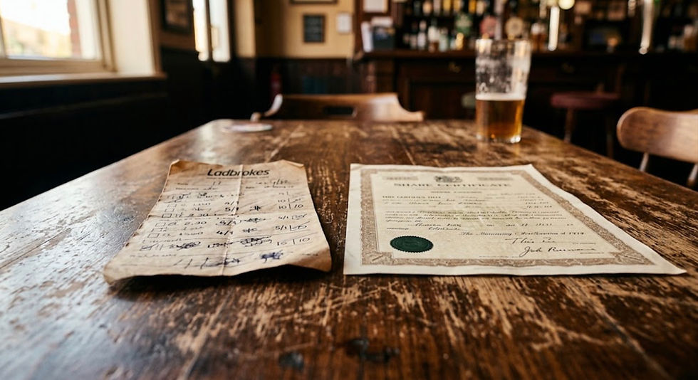 A Ladbrokes betting slip beside a share certificate on a pub table, illustrating the difference between betting versus investing
