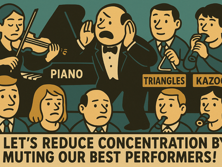 Editorial cartoon showing orchestra conductor frantically silencing talented violin and piano players while amplifying barely audible triangle and kazoo players. Caption reads 'Let's reduce concentration by muting our best performers!' Illustrates the absurdity of avoiding winning investments to reduce portfolio concentration.