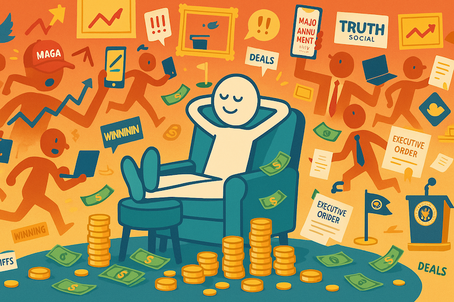 Illustration: calm figure relaxing with money falling around them while frantic figures run chaotically in Trump-era backdrop
