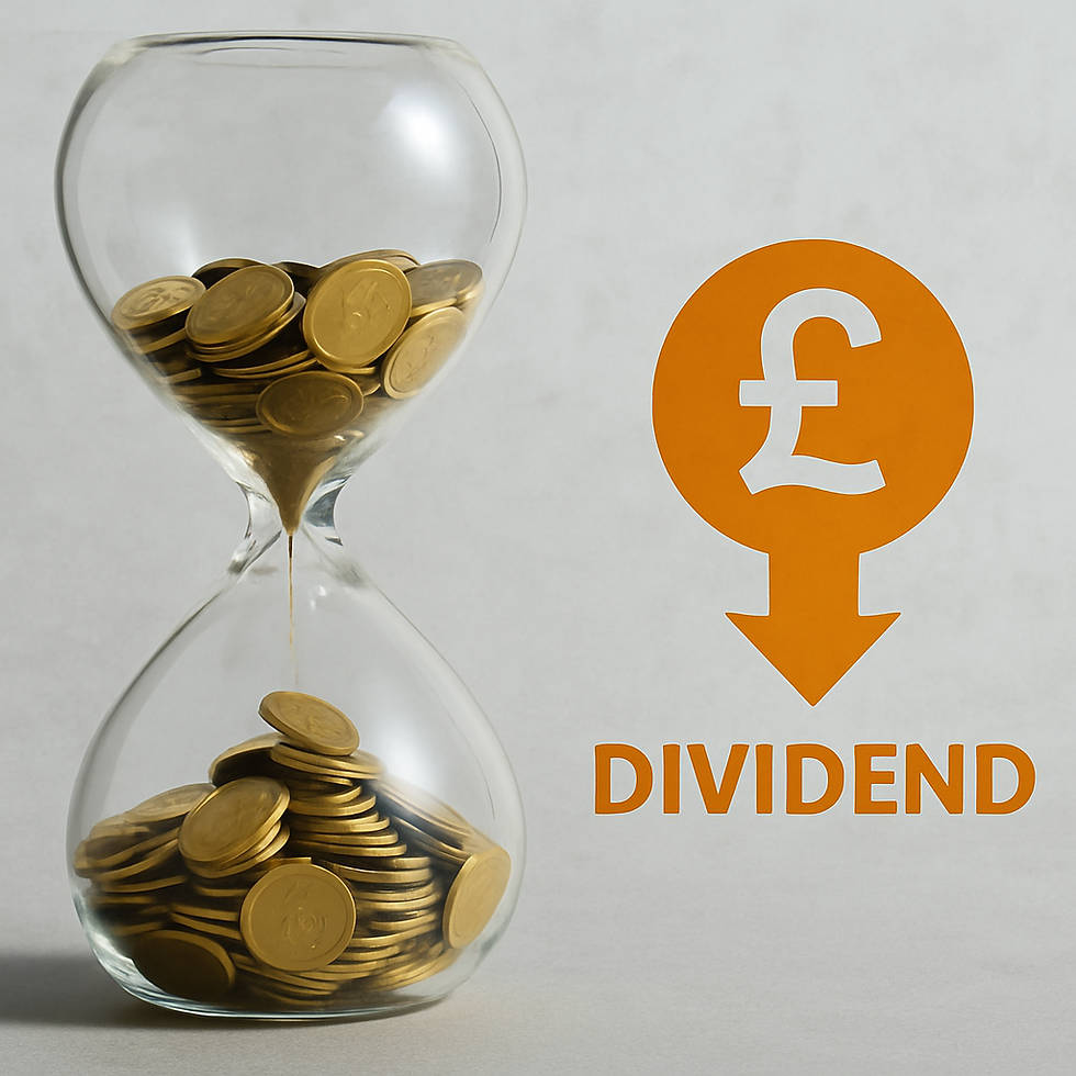 Photo of a glass hourglass with golden coins flowing from top to bottom, symbolising equity duration, beside a dividend symbol with a downward arrow.