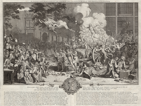Historical engraving from The Great Mirror of Folly showing chaotic scene of 1720 financial bubble speculation with crowds of investors, Fortune's wheel, and allegorical figures representing the South Sea Bubble and Mississippi Company crash that exemplify rare market bubbles occurring in less than 0.5% of historical periods.