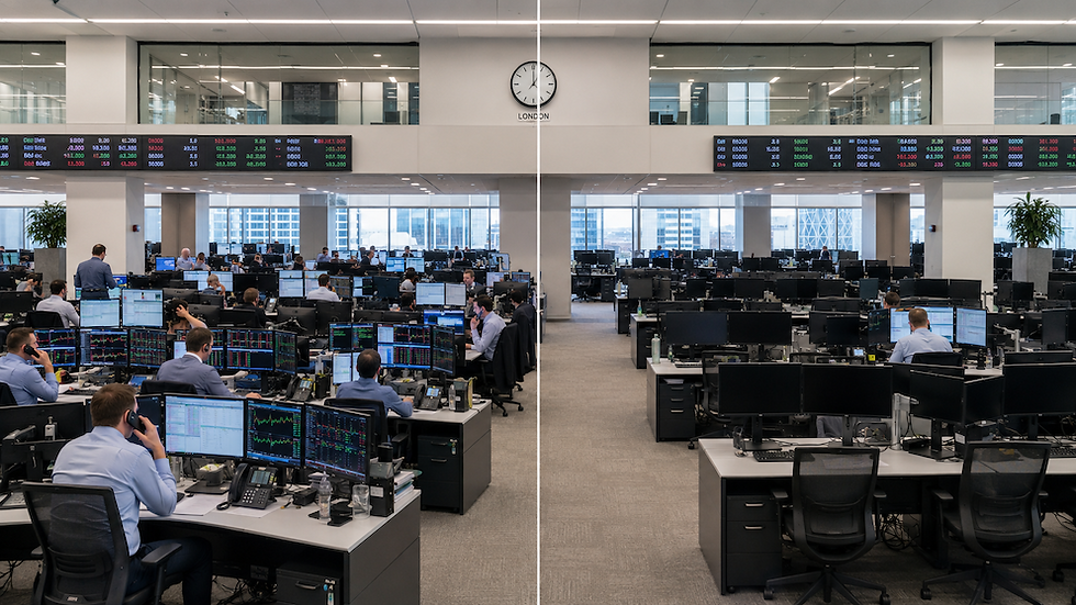 Split-screen comparison of a financial trading floor: busy left side with many traders at monitors, sparse right side with significantly fewer traders and empty desks, illustrating the question of how much passive is too much in financial markets
