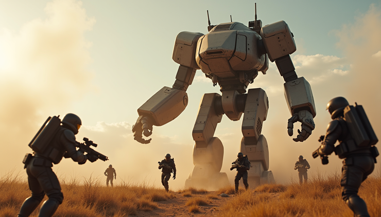 High angle view of a multiplayer team battling a giant robotic enemy