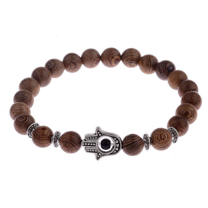 Thumbnail: 8mm New Natural Wood Beads Bracelets Men Black Ethnic Meditation White Bracelet