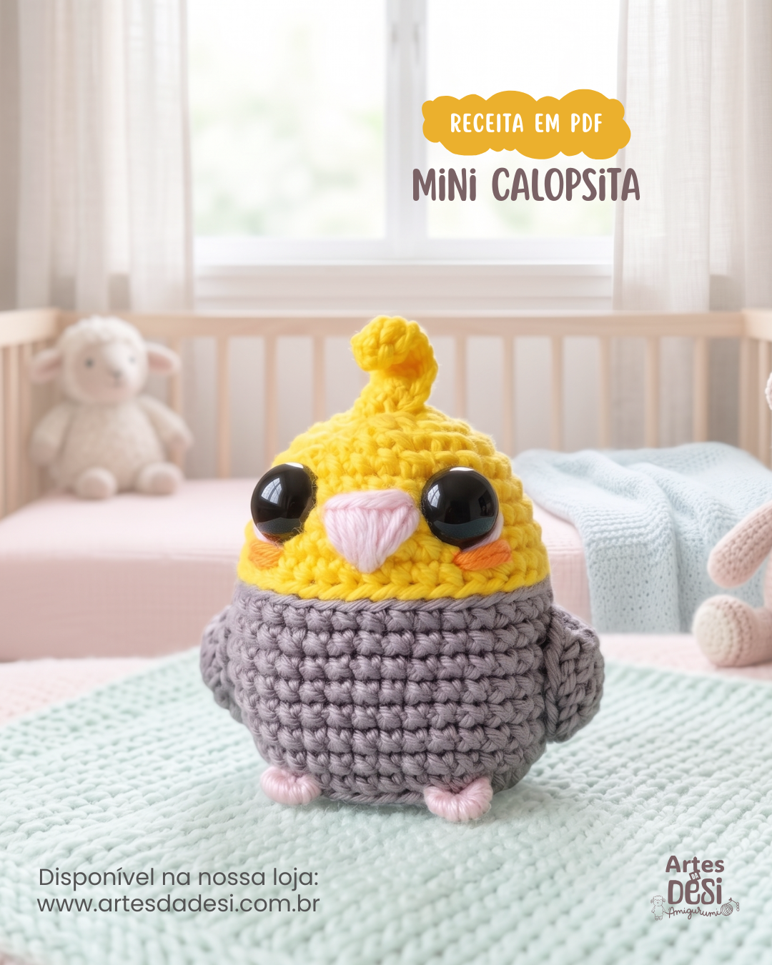 Receita em PDF – Chaveiro Mini Calopsita Amigurumi
