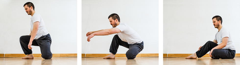 Series of three pictures of someone sitting down onto the floor without using their hands