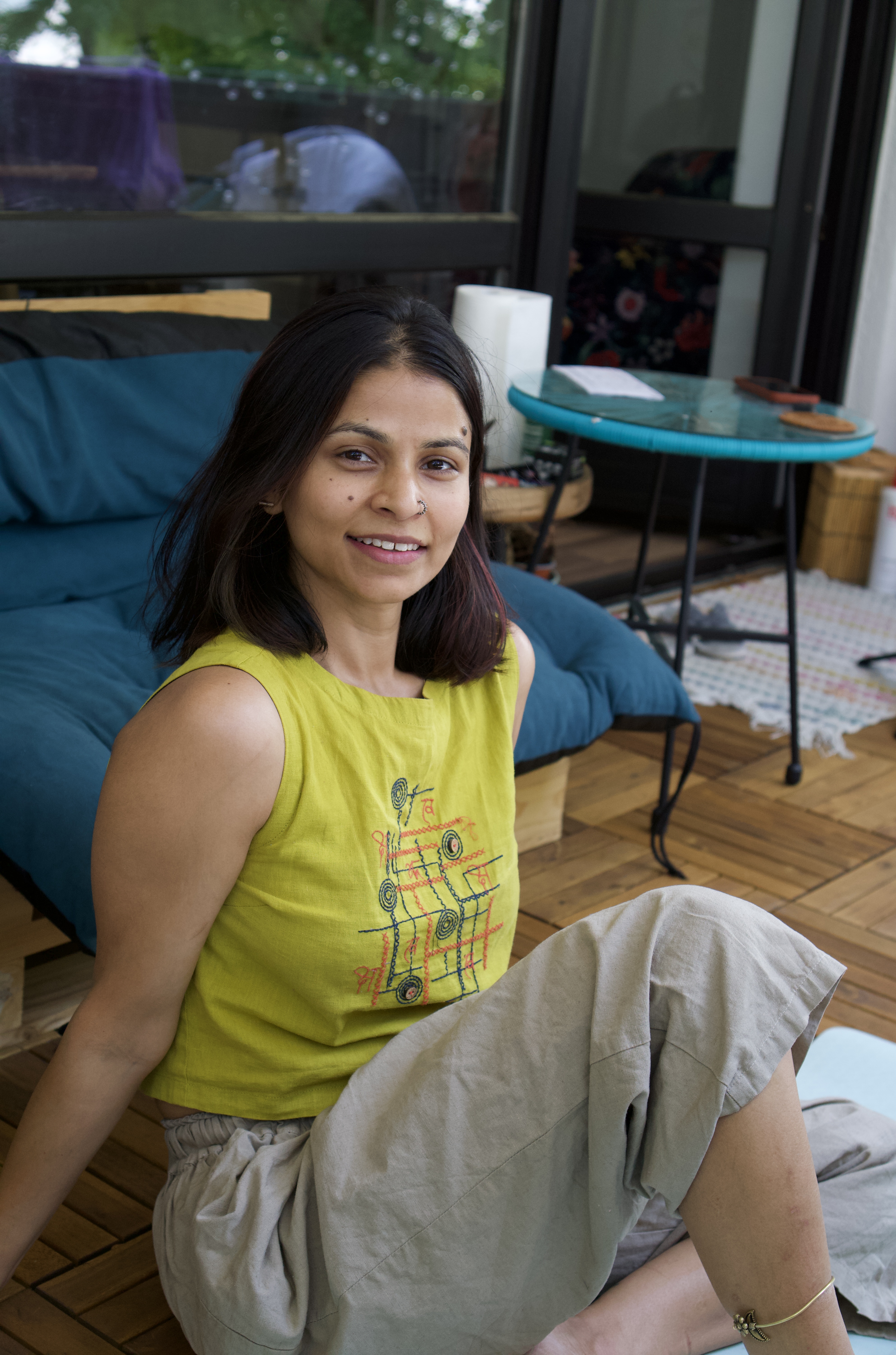 Close-up of a relaxed face showing the natural lifting effects of face yoga.