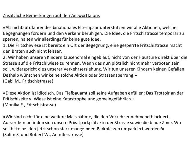 Auswertung der Umfrage des Quartiervereins vom 7. Juni 2021