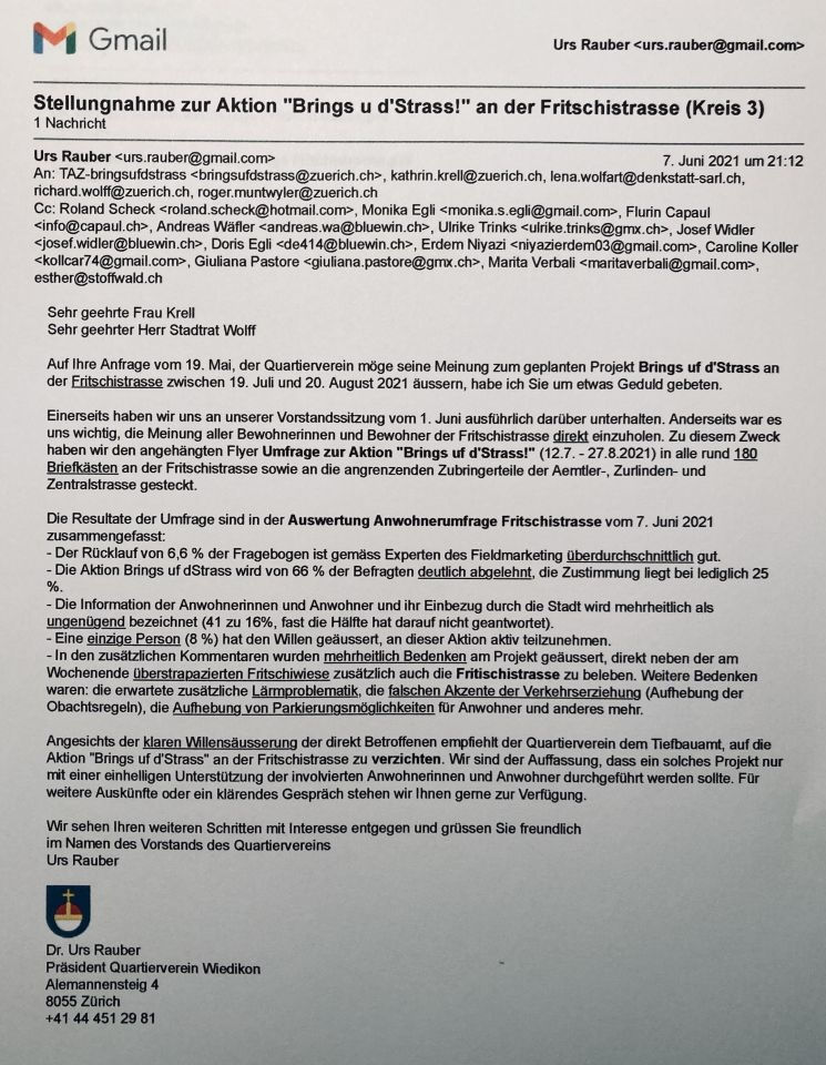 Erstes Schreiben des Quartiervereins an Projektleiterin Kathrin Krell und Stadtrat Richard Wolff vom 7. Juni 2021