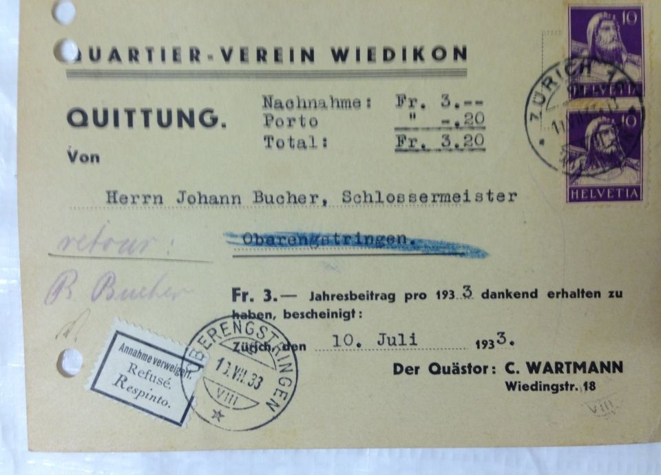Einzug des Mitgliedschaftsbeitrages von CHF 3 per Nachnahme, 10. Juli 1933
