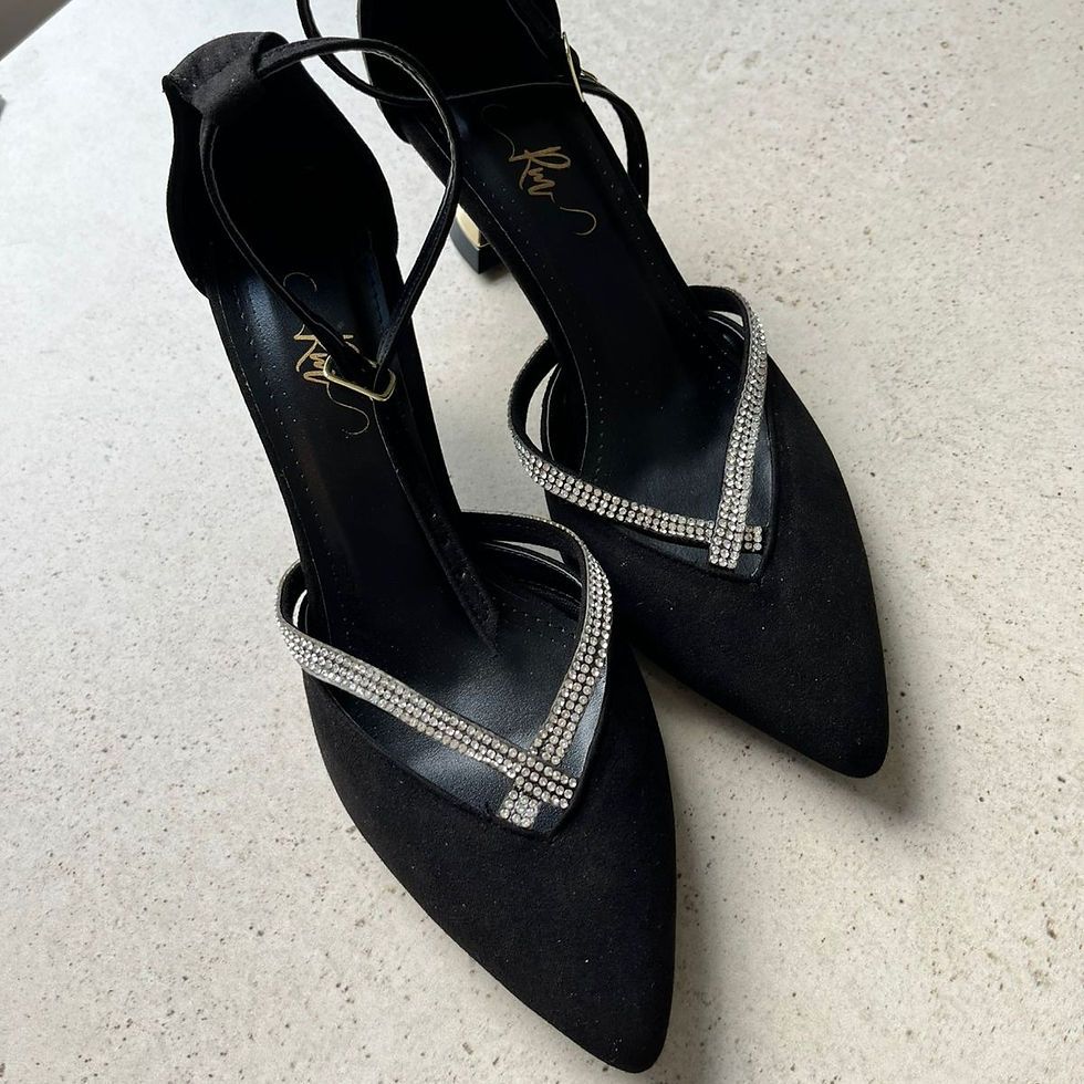 Miniatura: Sandália Slingback Preta Camurça - Salto Douorado Taça 5cm