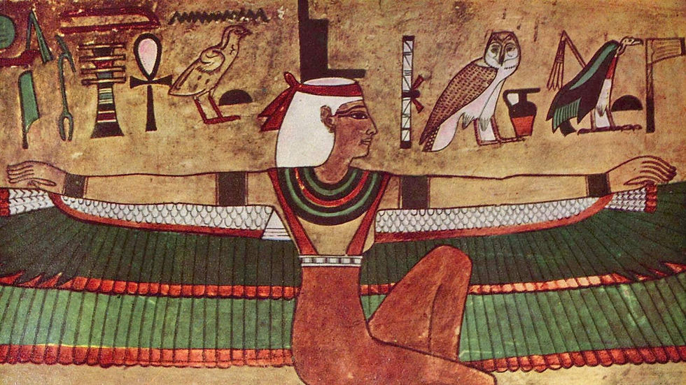 Mural de la diosa Isis con alas extendidas, decorando la tumba de Seti I en el Valle de los Reyes, Egipto, circa 1360 a.C. Representa a la Gran Madre en su forma protectora, clave en la evolución de la consciencia narrativa según Neumann.