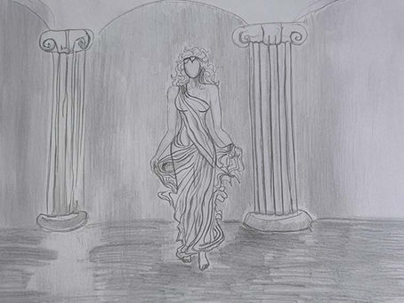 Diosa griega sin rostro en el umbral de un templo mítico, símbolo del arquetipo femenino y del inconsciente en Diario de Sueños.