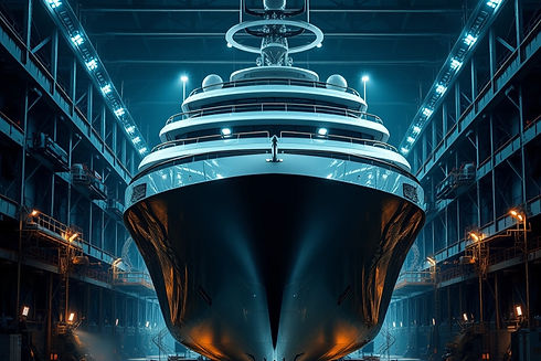 A large luxury superyacht inside an industrial shipyard dry dock during refit, viewed from