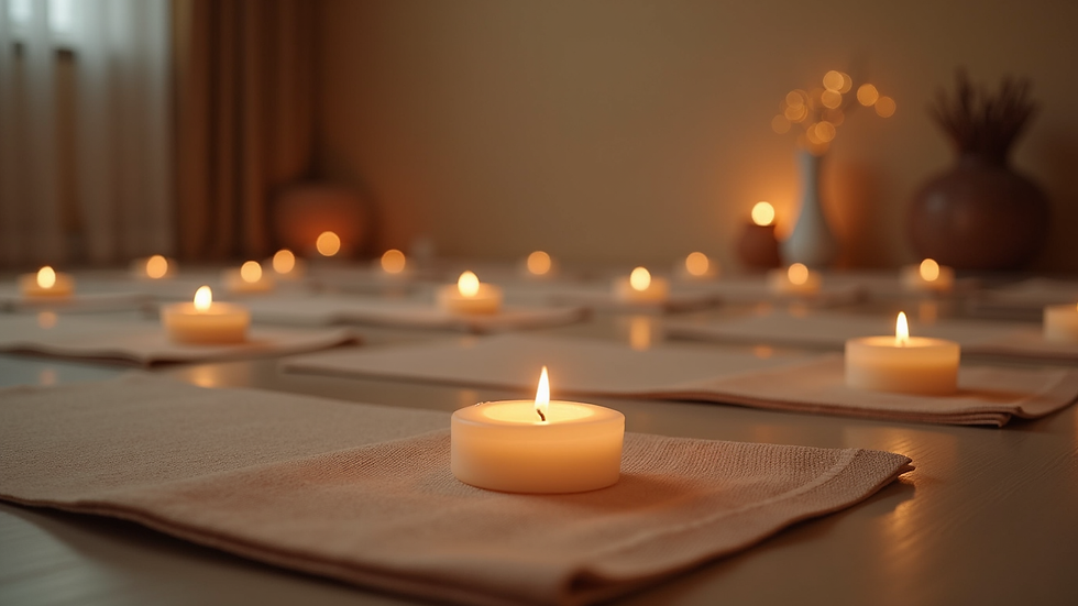 Eye-level view of a serene yoga space with mats and candles