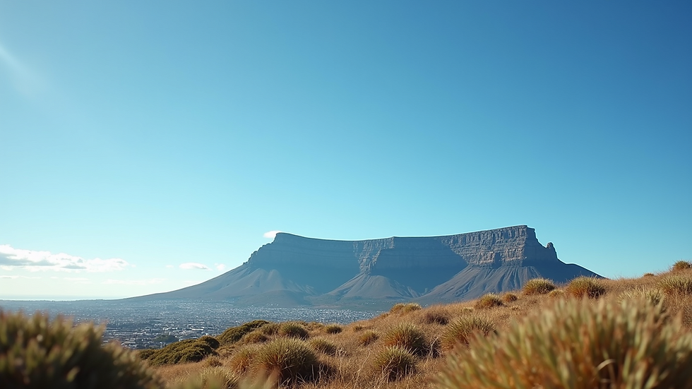 Wide angle view of Table Mountain with a clear blue sky