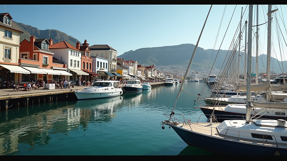Eye-level view of the V&A Waterfront with boats and shops