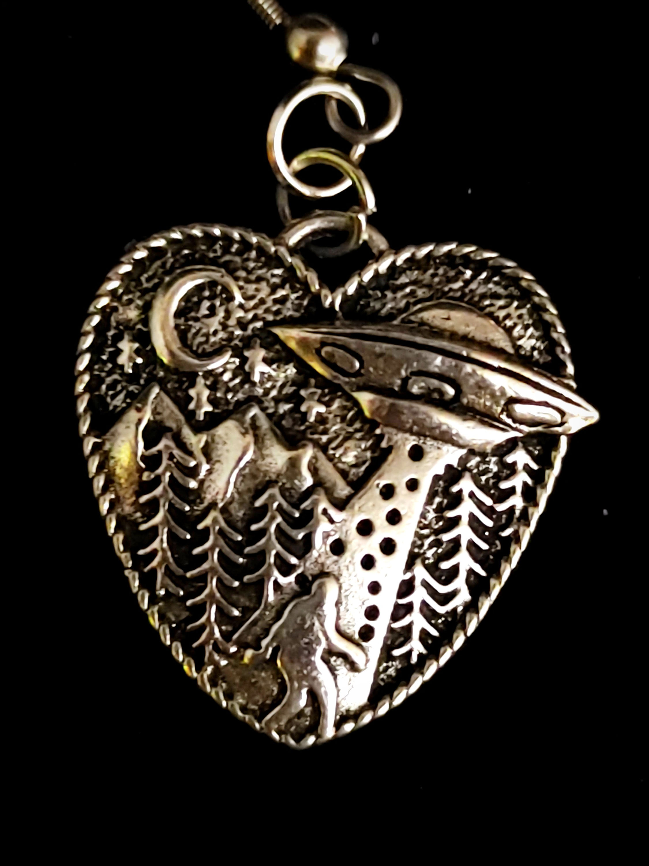 Silver Plated Heart UFO/Tribal Bigfoot Earrings (Titanium Hooks)