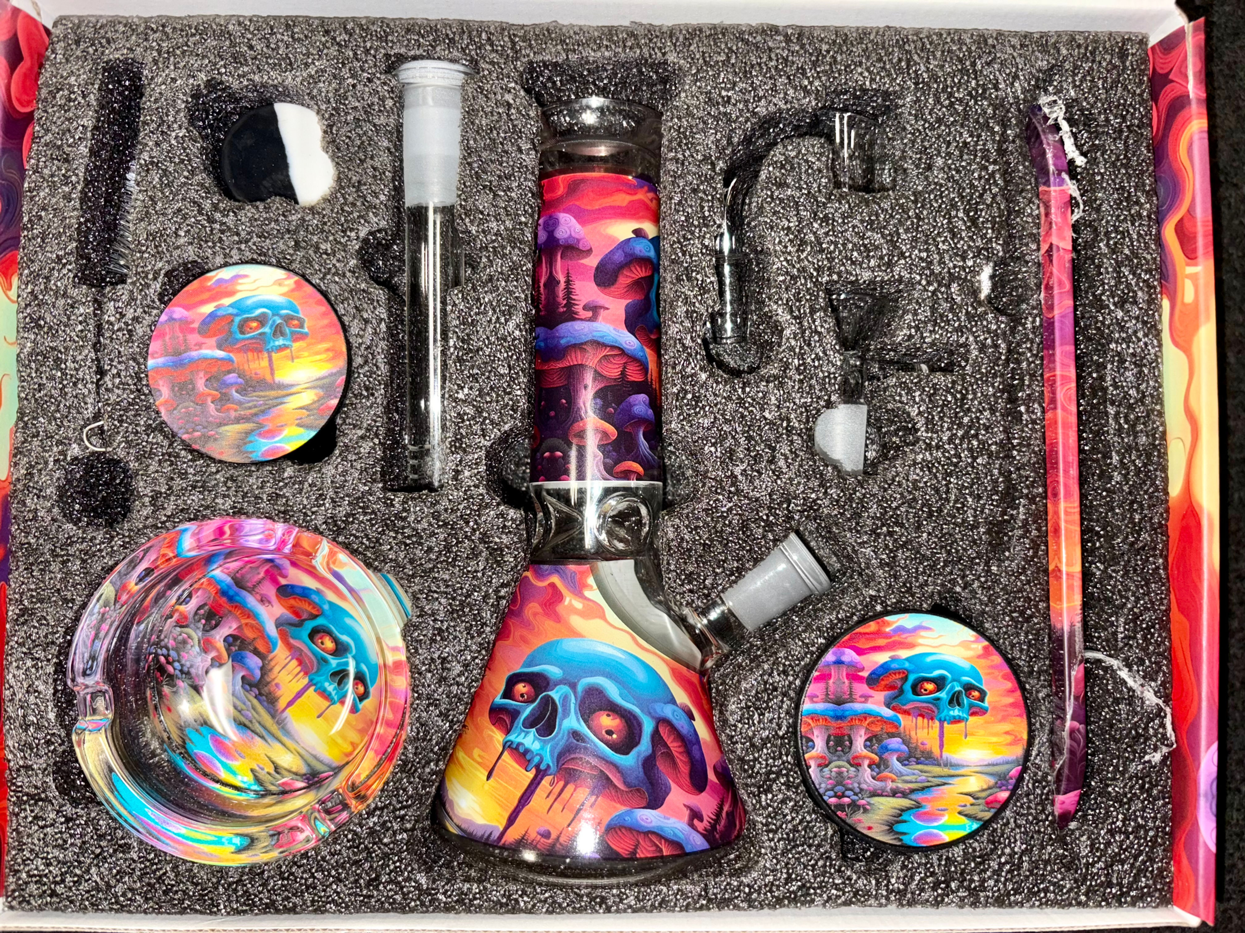 Psychedelic Skull Glass Bong Set – Complete Smoking Kit