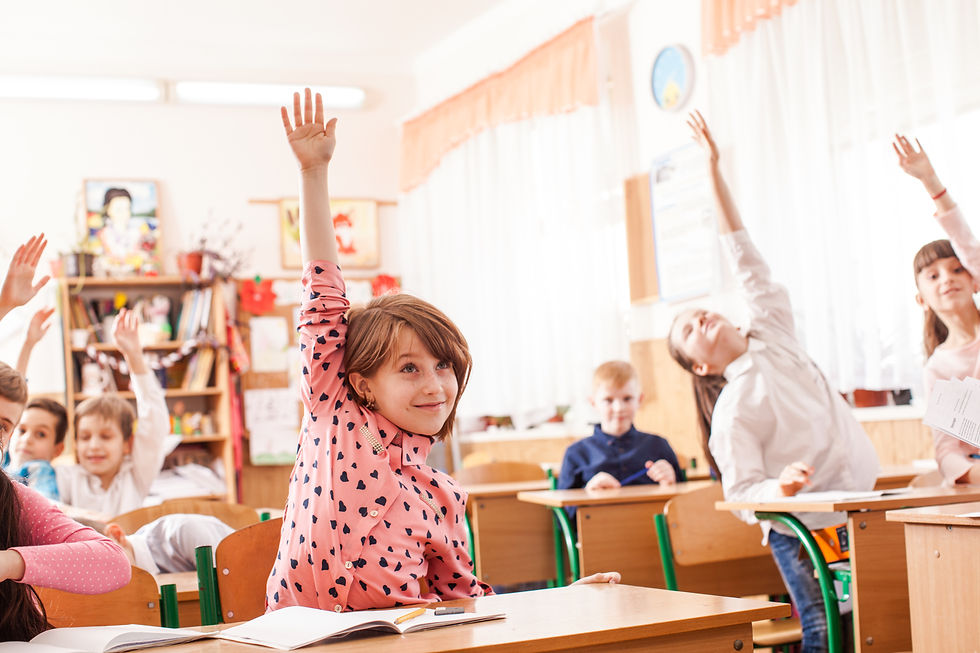 Little girl in pink shirt raising hand