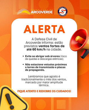 Defesa Civil de Arcoverde emite
alerta para ventos que podem
atingir até 60 km/h