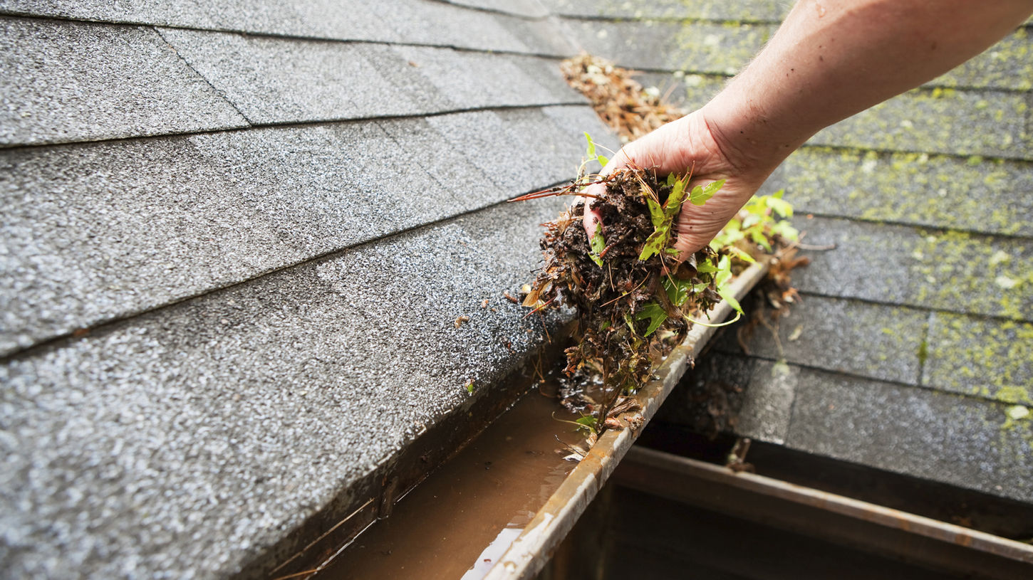 cleaning a clogger rain gutter