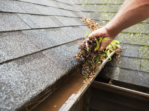Technician clears autumn leaves from a roof gutter by hand — facility maintenance checklist