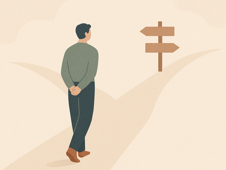 Minimalist illustration of a person standing at a fork in the road, facing a wooden signpost with arrows pointing in two directions. The background is soft beige with gentle curves and muted tones, symbolising a moment of decision or reflection.