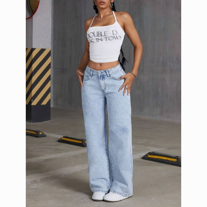 Miniatura: Calça jeans feminina de cor sólida, cintura alta, pernas largas, modelagem solta