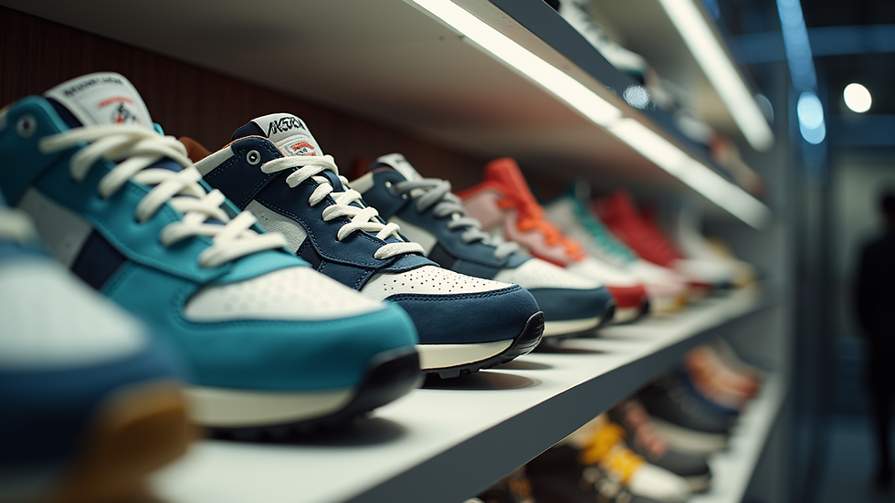 Eye-level view of a stylish sneaker display showcasing unique designs