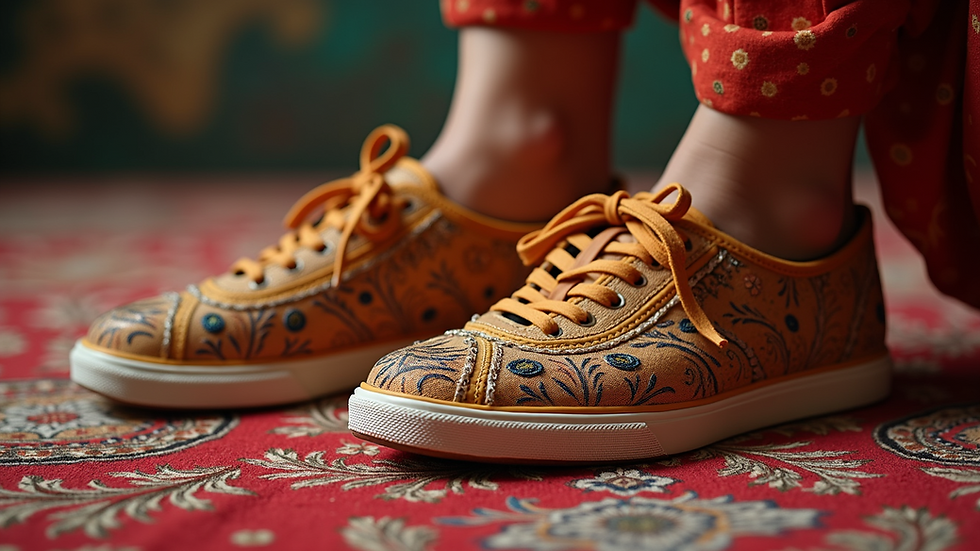 Close-up view of a pair of traditional Indian sneakers showcasing intricate embroidery