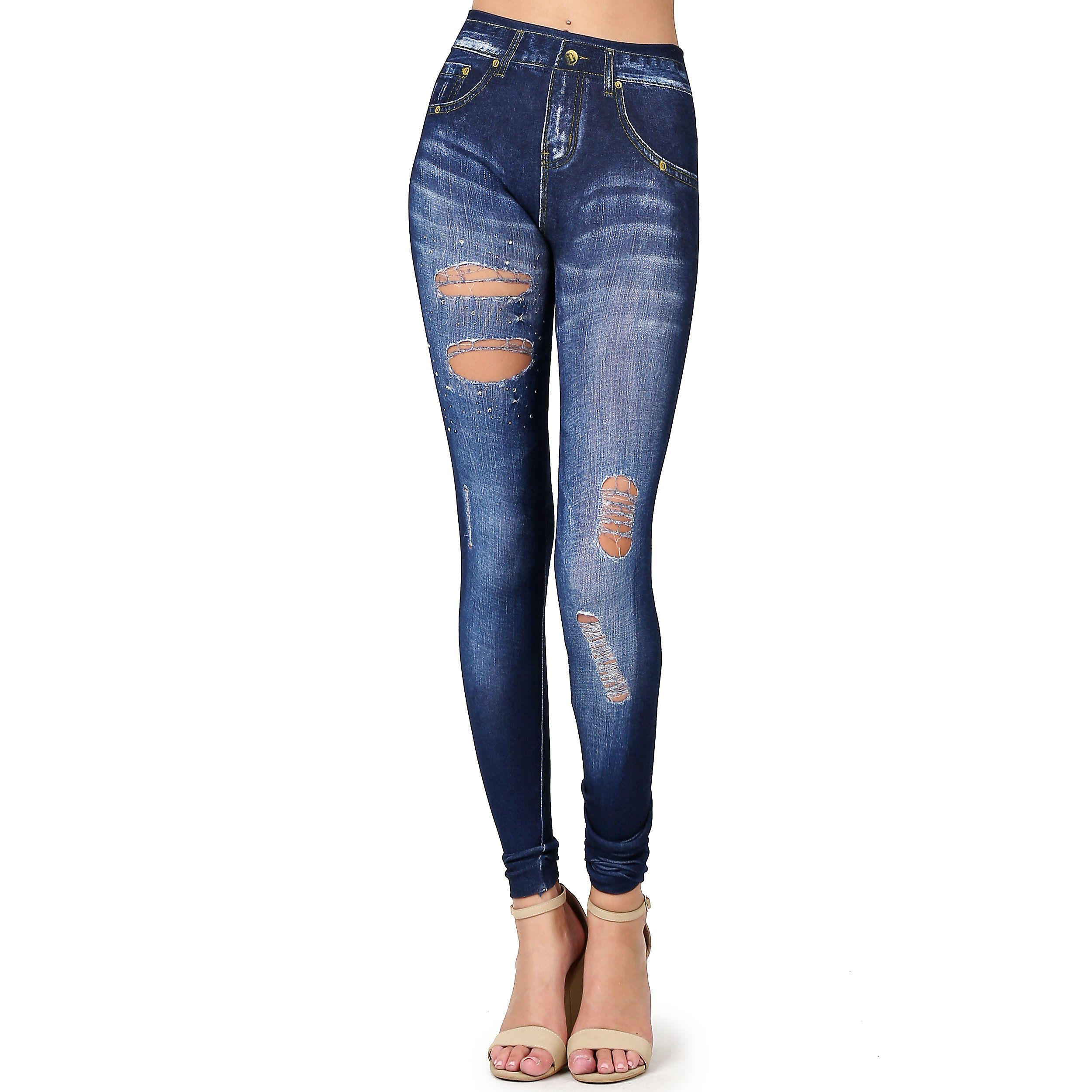Skinny Cotton Poly One Size Denim Print Jeggings Leggings Stretch Sexy Pants