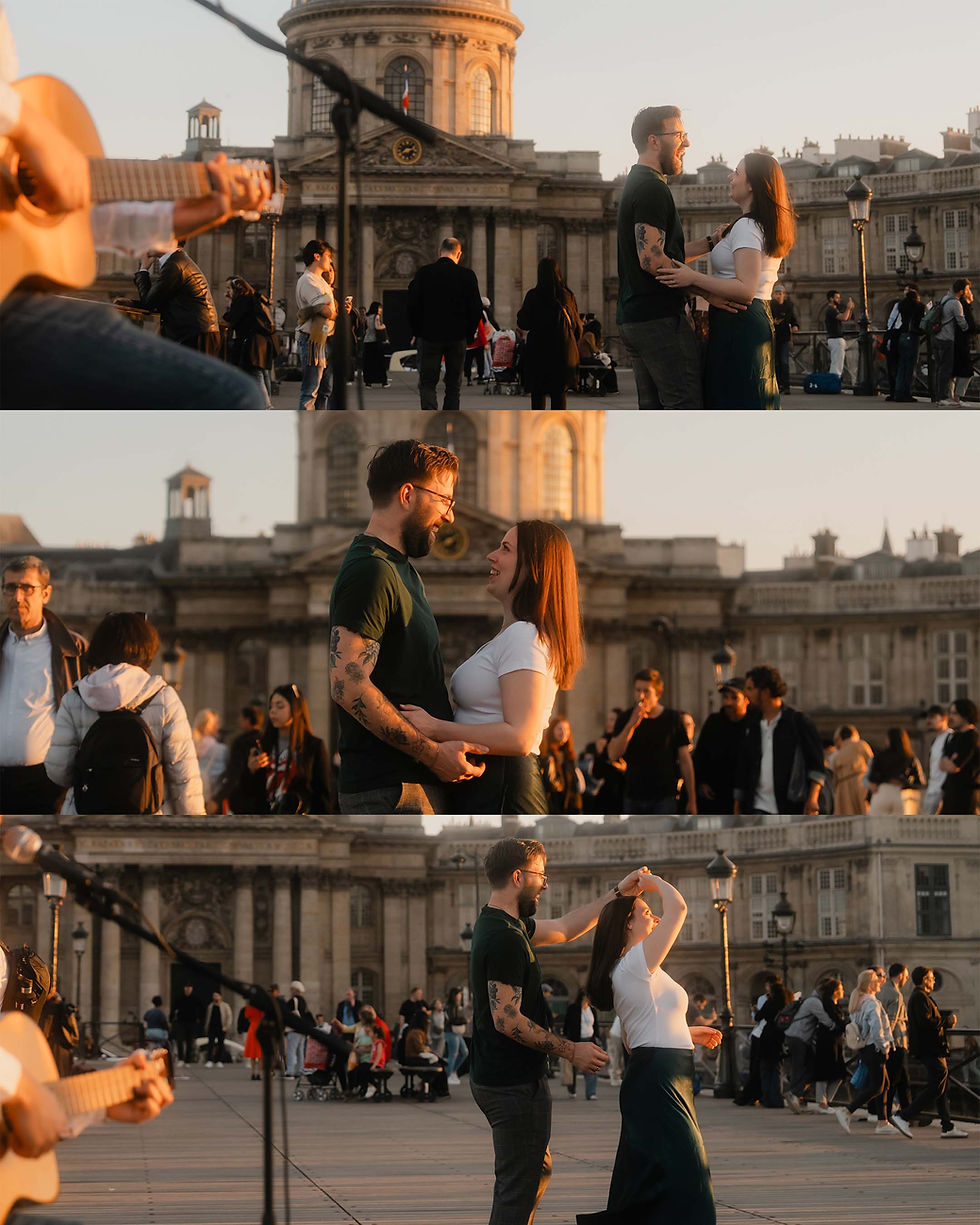 A couple shares a joyful dance on the Pont des Arts bridge in Paris at sunset, as live music fills the air, creating a romantic atmosphere. Photo by lovidovi.art
