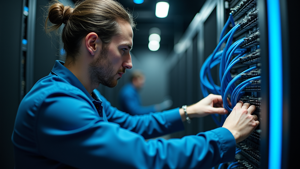 Close-up view of a technician inspecting network cables in an office server room