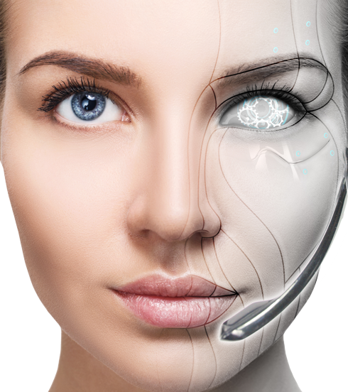 Half-human, half-robot receptionist wearing headset for virtual receptionist services.