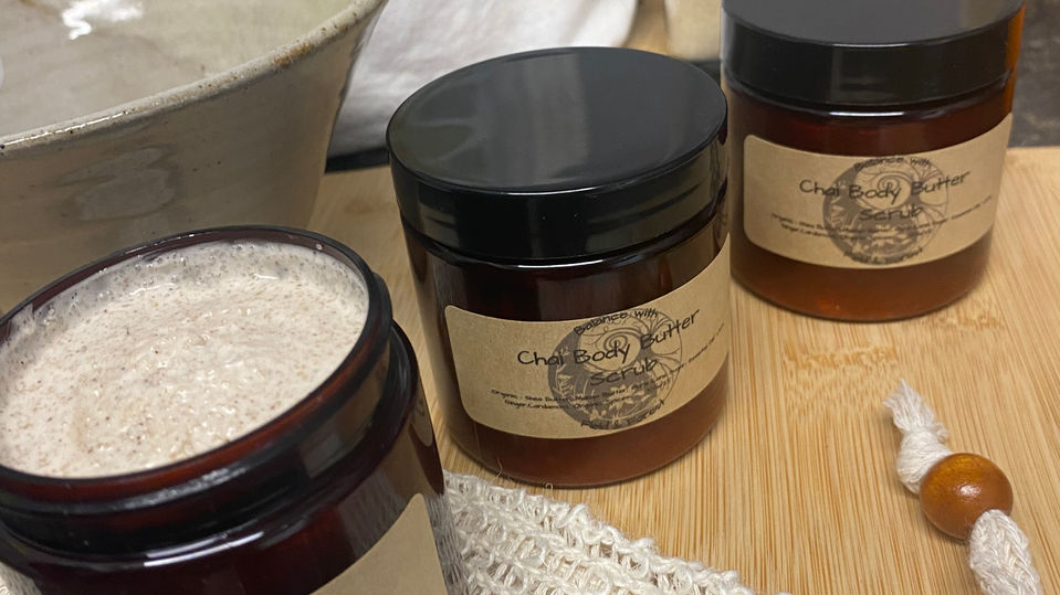 Skincare item. Body Butter Scrub to hydrate and exfoliate skin.