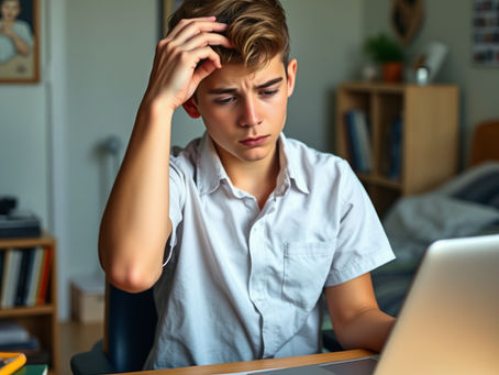 Teenager stressing at desk in bedroom.