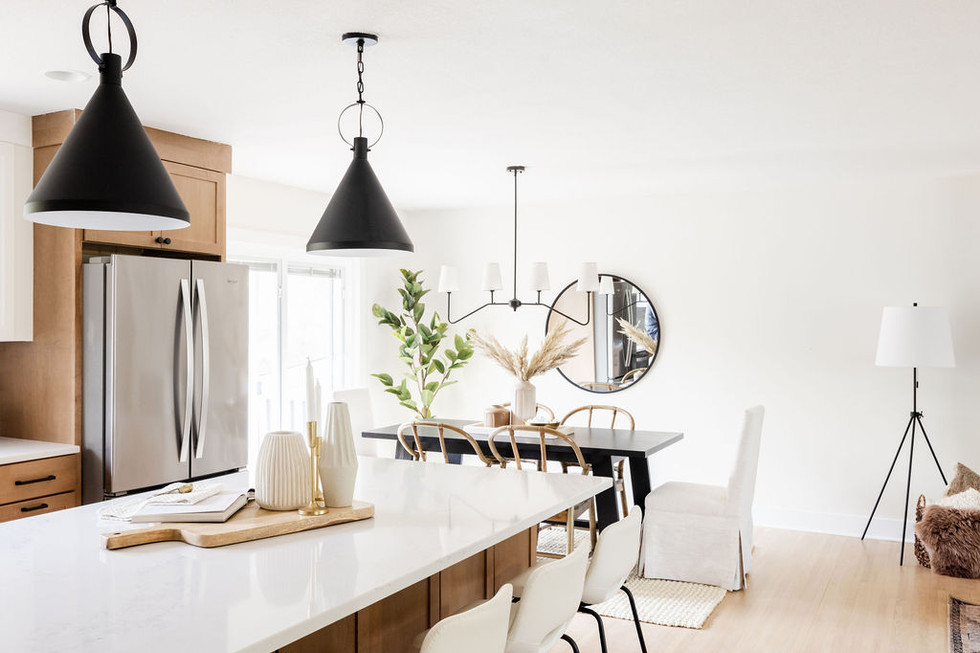 Open kitchen and dining room with white island