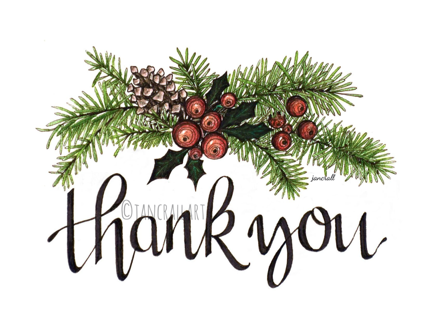 Winter Thank you notecard with detailed pine bough and berry spray