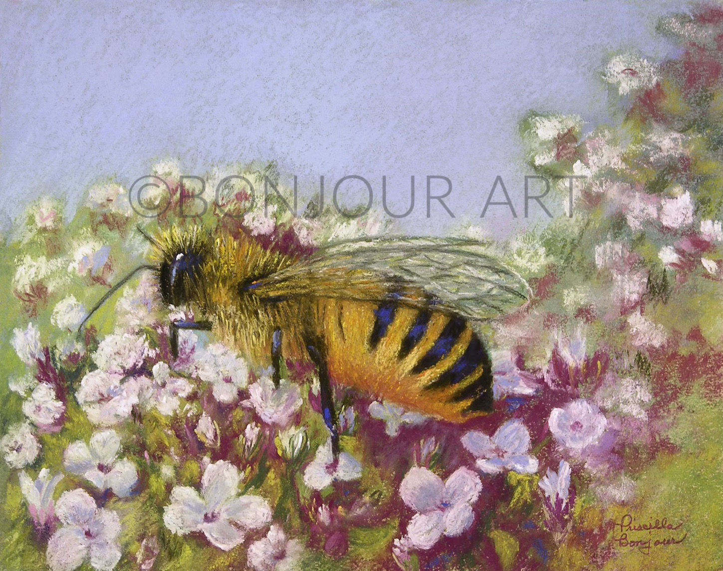 This busy little "Bee" pastel painting now comes in blank notecards and various sizes of prints.