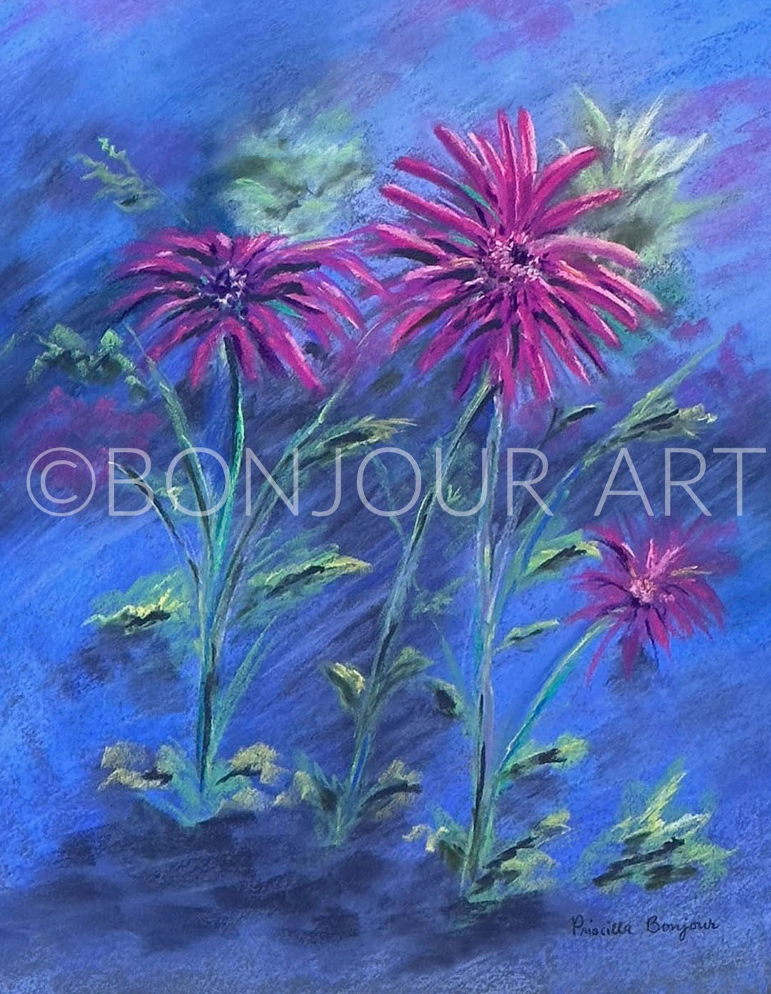 "Newly Found Flowers" with a blue background and magenta flowers now comes in unique blank notecards and prints.