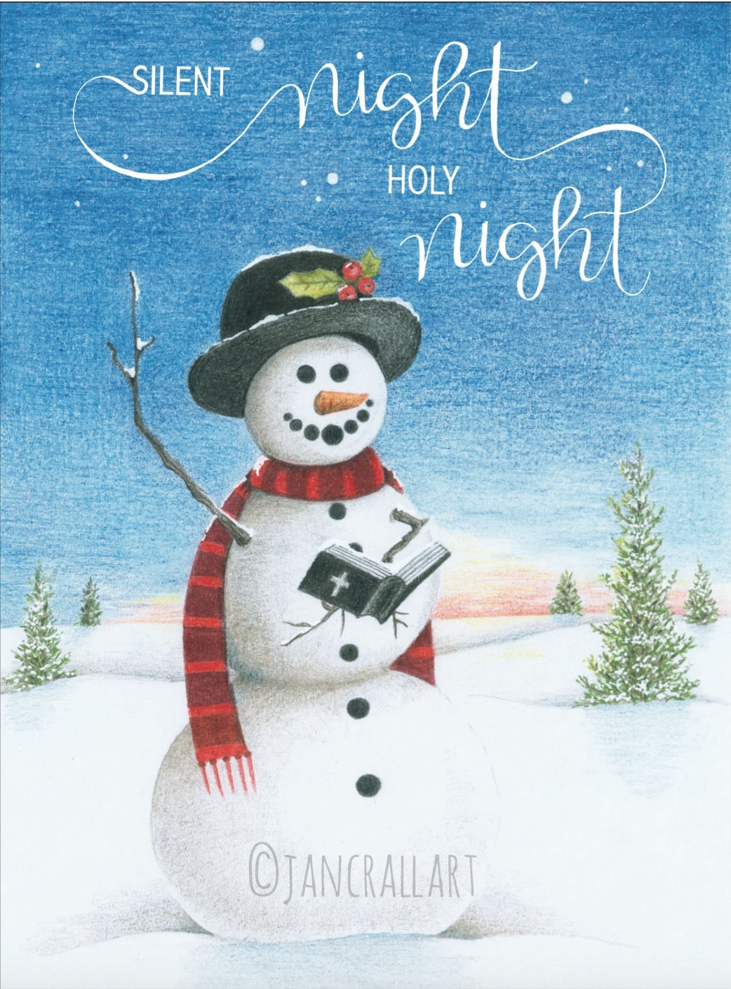 Christmas card with preaching snowman: Silent Night, Holy Night