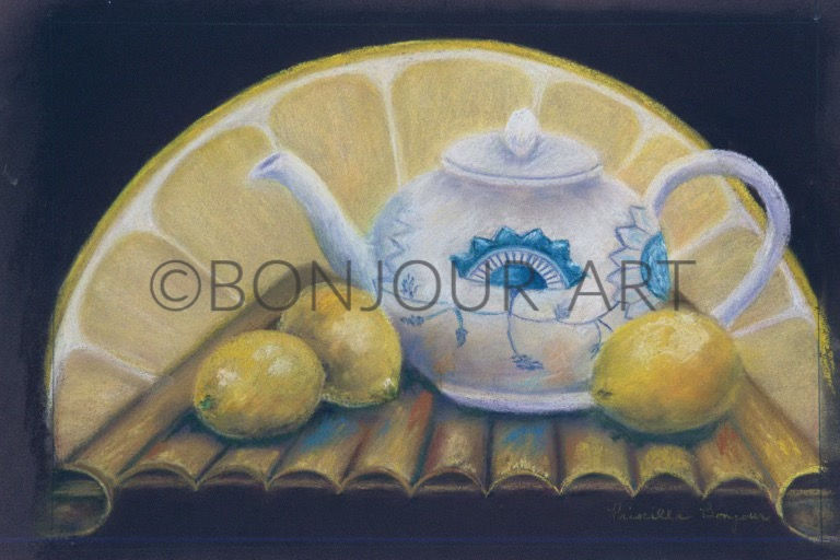 Originally a beautiful pastel painting, "Lemons and a Teapot" now comes in unique blank notecards and prints.