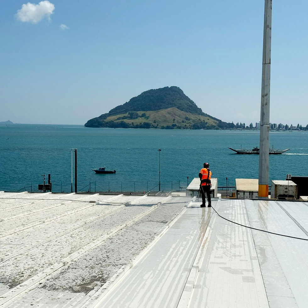 High angle view of a commercial building being professionally washed in the Bay of Plenty